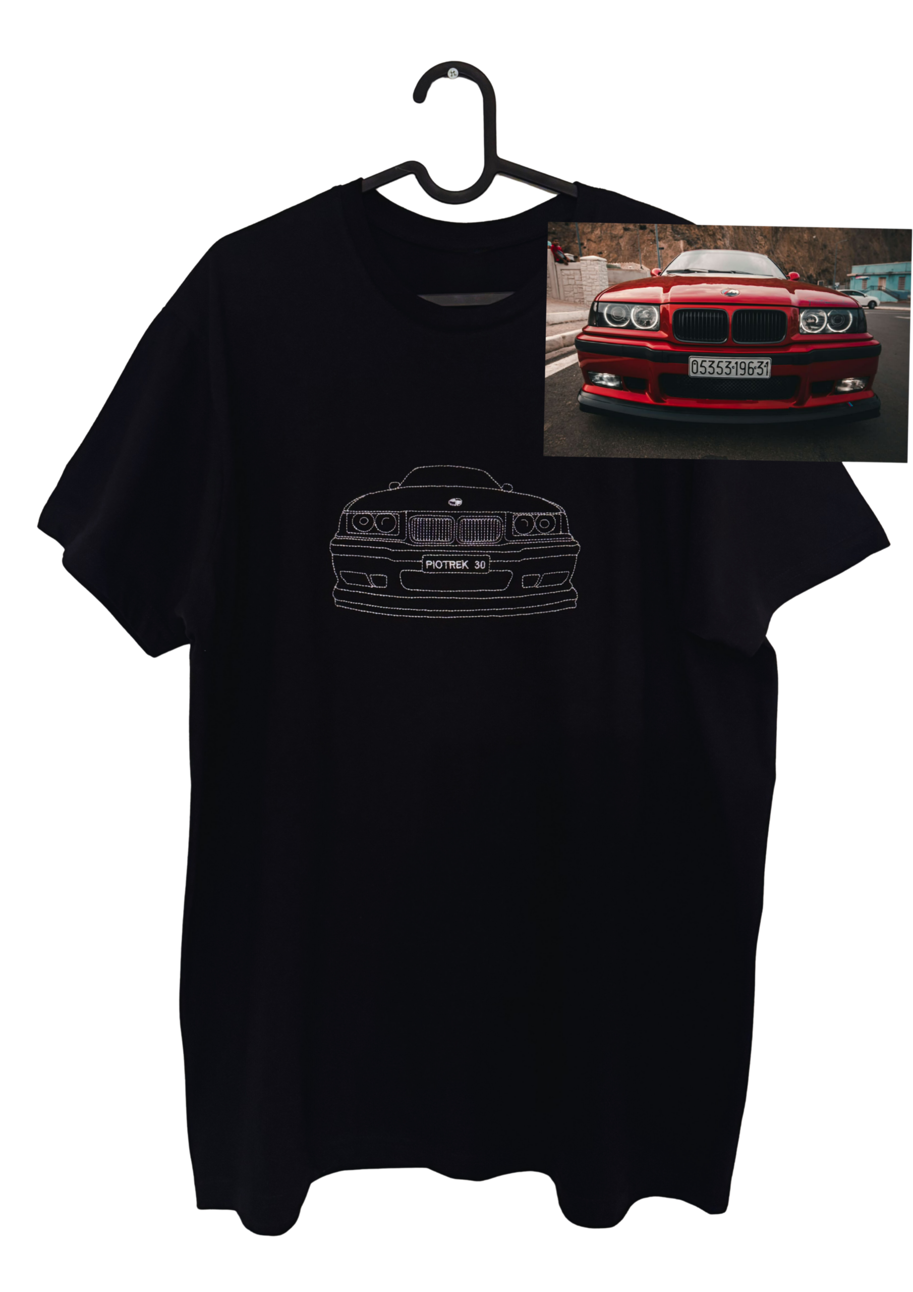 T-shirt z haftem outline samochodu ze zdjęcia